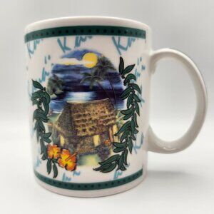 Hilo Hattie Ceramic Mug With Hawaiian Hut Full Moon Floral Design 12oz